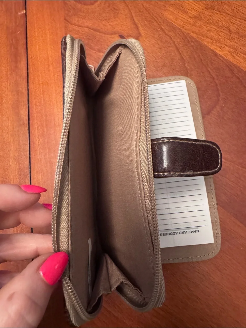 ROSETTI: Leather Zip Wallet in Light Beige with Dark Brown Trim
